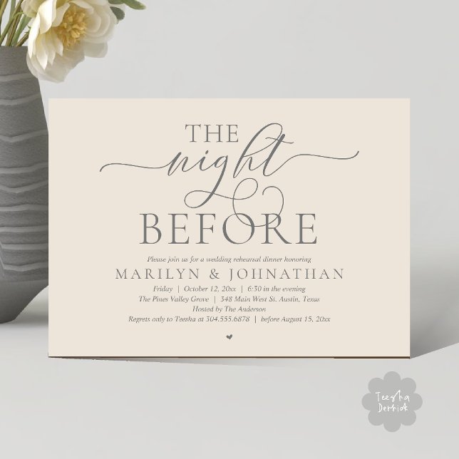Invitación The Night Before, Modern Wedding Rehearsal Dinner (The Night Before, Modern Romantic Classy Wedding Rehearsal Dinner Invitation Card in cream grey)
