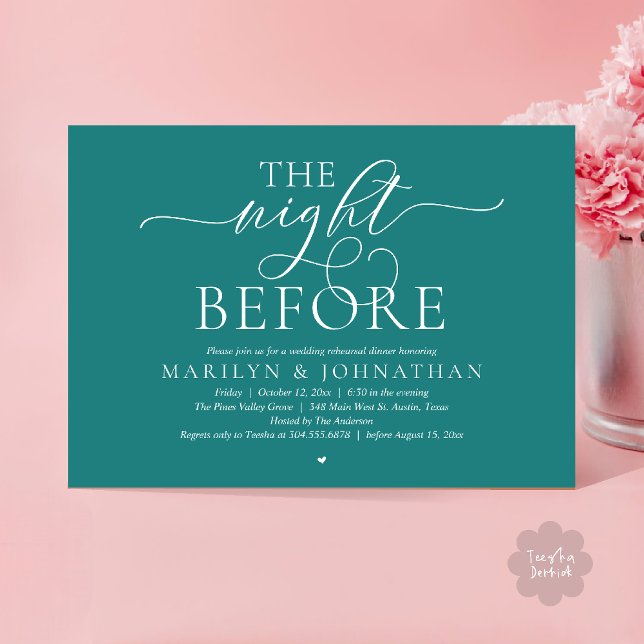 Invitación The Night Before, Modern Wedding Rehearsal Dinner (The Night Before, Modern Romantic Classy Wedding Rehearsal Dinner Invitation Card in teal green)