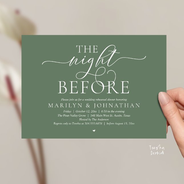 Invitación The Night Before, Modern Wedding Rehearsal Dinner (The Night Before, Modern Romantic Classy Wedding Rehearsal Dinner Invitation Card in sage green)