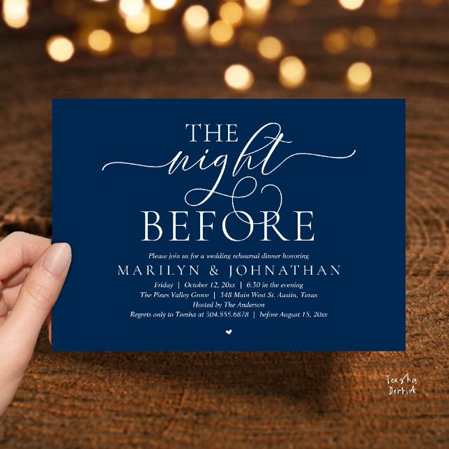 Invitación The Night Before, Modern Wedding Rehearsal Dinner (The Night Before, Modern Romantic Classy Wedding Rehearsal Dinner Invitation Card in navy blue)