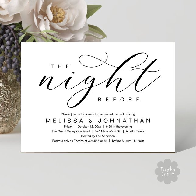 Invitación The Night Before, Modern Wedding Rehearsal Dinner (The Night Before, Classy Modern Wedding Rehearsal Dinner Invitation Card PDF Black White)