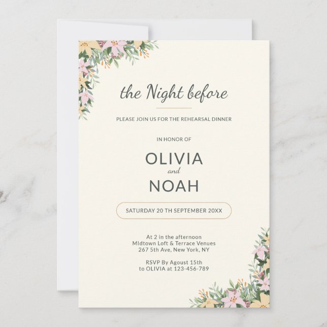 Invitación The night before-Romantic Floral Rehearsal Dinner (Anverso)