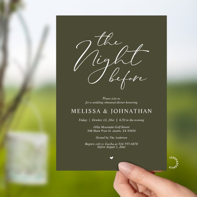 Invitación The Night Before Romantic Wedding Rehearsal Dinner (The Night Before Romantic Wedding Rehearsal Dinner Invitation card in Olive green)