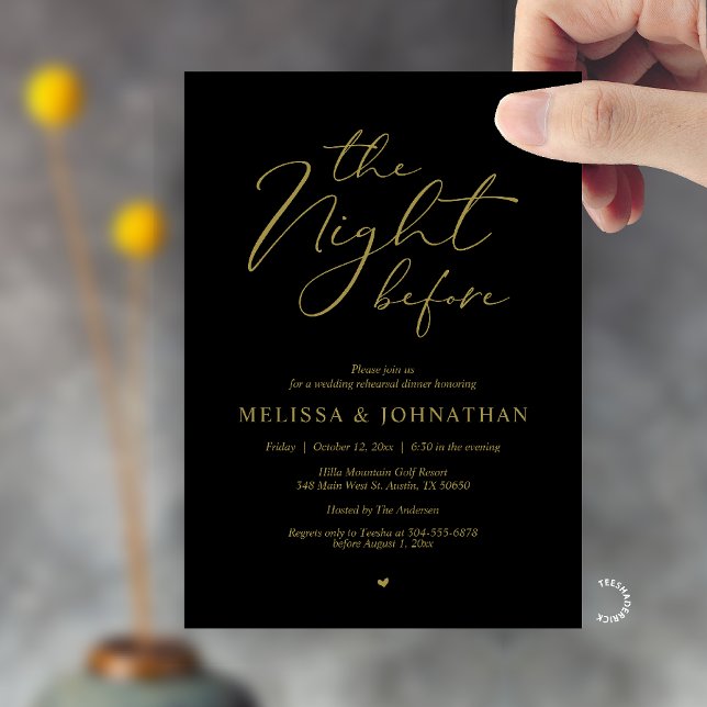 Invitación The Night Before Romantic Wedding Rehearsal Dinner (The Night Before Romantic Wedding Rehearsal Dinner Invitation card in black gold)