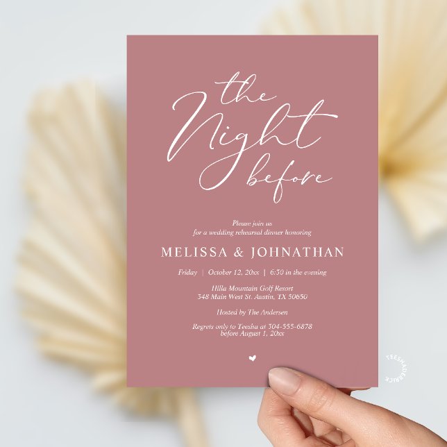 Invitación The Night Before Romantic Wedding Rehearsal Dinner (The Night Before Romantic Wedding Rehearsal Dinner Invitation card in Dusty Rose Pink)