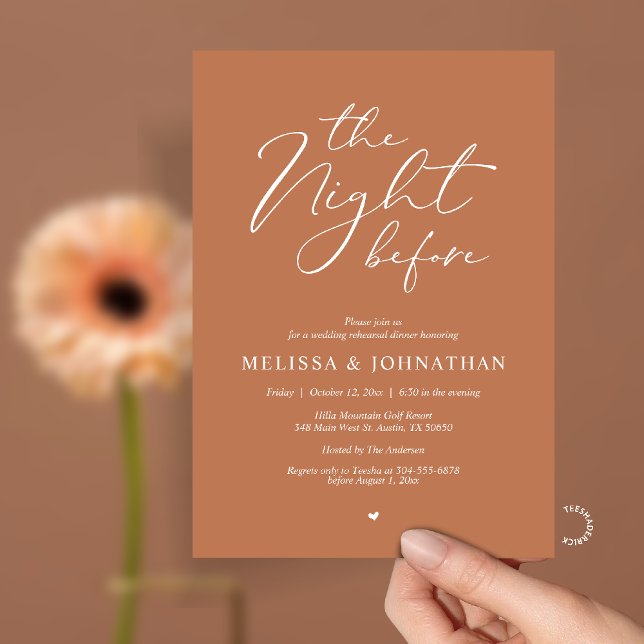 Invitación The Night Before Romantic Wedding Rehearsal Dinner (The Night Before Romantic Wedding Rehearsal Dinner Invitation card in Terracotta Brown)