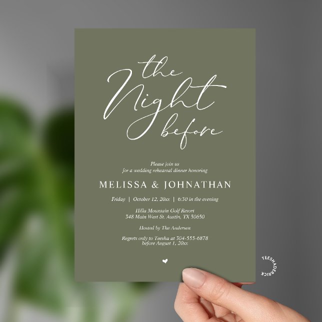 Invitación The Night Before Romantic Wedding Rehearsal Dinner (The Night Before Romantic Wedding Rehearsal Dinner Invitation card in Pastel Sage Green)