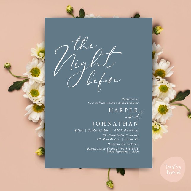 Invitación The Night Before Romantic Wedding Rehearsal Dinner (The Night Before Romantic Wedding Rehearsal Dinner Modern Invitation Card PDF Dusty Blue)