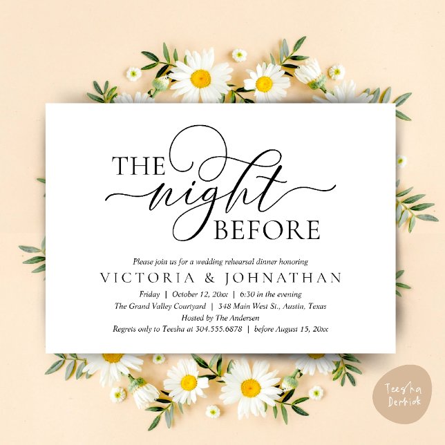 Invitación The Night Before, Wedding Rehearsal Dinner Party (The Night Before, Wedding Rehearsal Dinner Party Classy Romantic Invitation Card PDF Black White)
