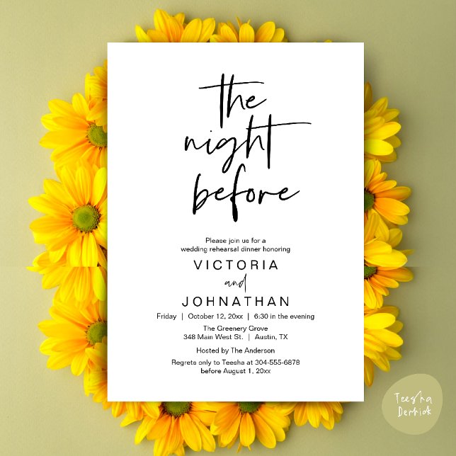 Invitación The Night Before, Wedding Rehearsal Dinner Party (The Night Before, Wedding Rehearsal Dinner Party Invites Card PDF Romantic Modern Casual Black White)