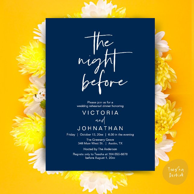 Invitación The Night Before, Wedding Rehearsal Dinner Party (The Night Before, Wedding Rehearsal Dinner Party Invites Card PDF Romantic Modern Casual Navy Blue)