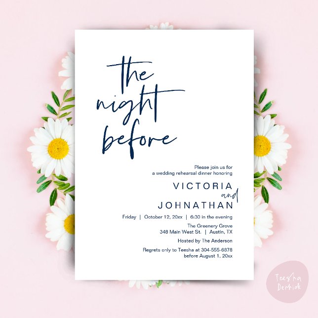 Invitación The Night Before, Wedding Rehearsal Party Dinner (The Night Before, Wedding Rehearsal Dinner Party Invites Card PDF Romantic Modern Casual Navy Blue)
