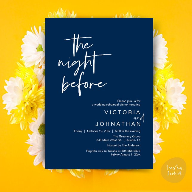 Invitación The Night Before, Wedding Rehearsal Party Dinner (The Night Before, Wedding Rehearsal Dinner Party Invites Card PDF Romantic Modern Casual Navy Blue)