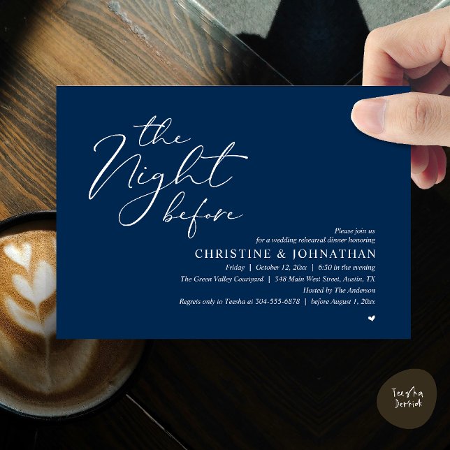 Invitación The Night Before Wedding Rehearsal Romantic Dinner (The Night Before Wedding Rehearsal Romantic Dinner Invitation Card in Navy Blue)