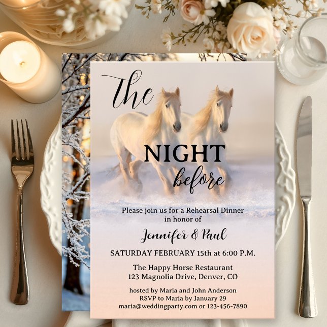 Invitación The Night Before Winter Horses Rehearsal Dinner (Elegant winter wonderland Rehearsal Dinner invitation featuring two horses running in the snow)