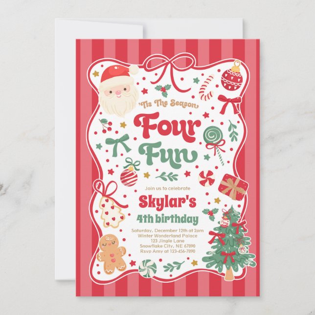 Invitación The Season Four Fun Christmas Bow 4th Birthday (Anverso)