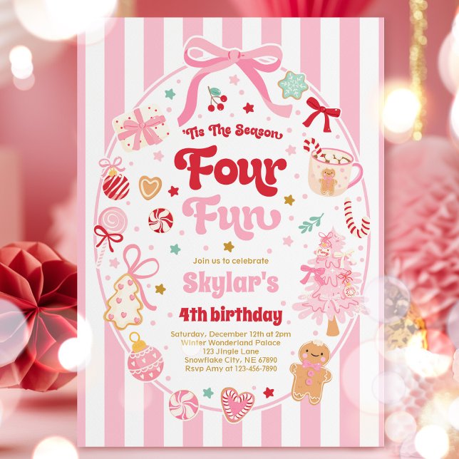 Invitación The Season Four Fun Christmas Bow 4th Birthday (Subido por el creador)
