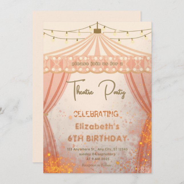 Invitación Theatre Marquee Party Invitation – Birthday invite (Anverso / Reverso)