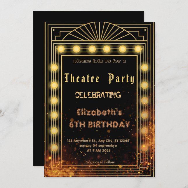 Invitación Theatre Marquee Party Invitation – Birthday invite (Anverso / Reverso)
