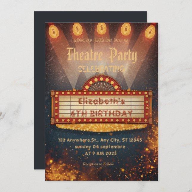 Invitación Theatre Marquee Party Invitation – Birthday invite (Anverso / Reverso)