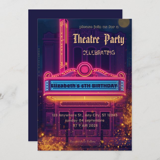 Invitación Theatre Marquee Party Invitation – Birthday invite (Anverso / Reverso)