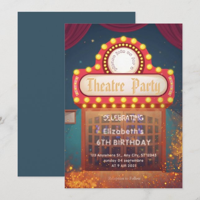 Invitación Theatre Marquee Party Invitation – Birthday invite (Anverso / Reverso)