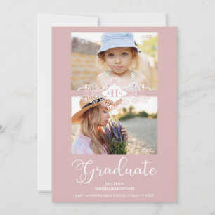 Invitación Then & Now Pink Lace Flourish Graduate Photo