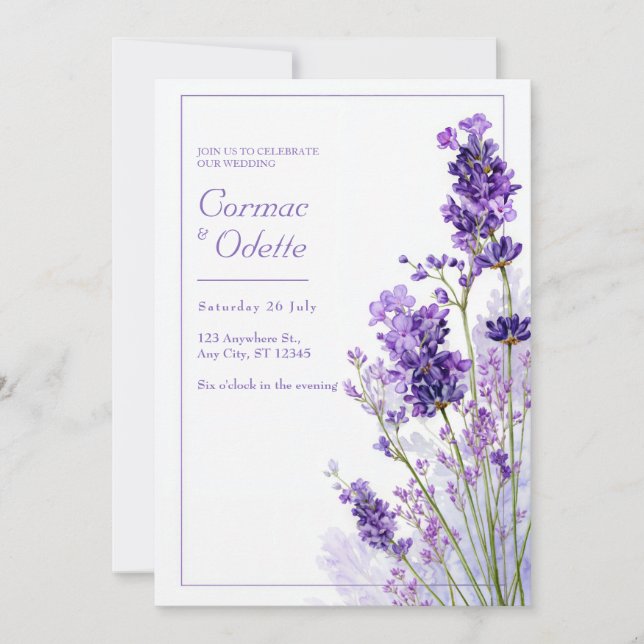 Invitación Thin Purple Watercolor Lavender Frame Wedding (Anverso)