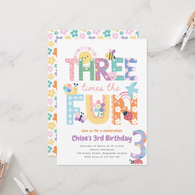 Invitación Third Birthday Invite Girl, Three Times the Fun (Anverso/Reverso In Situ)