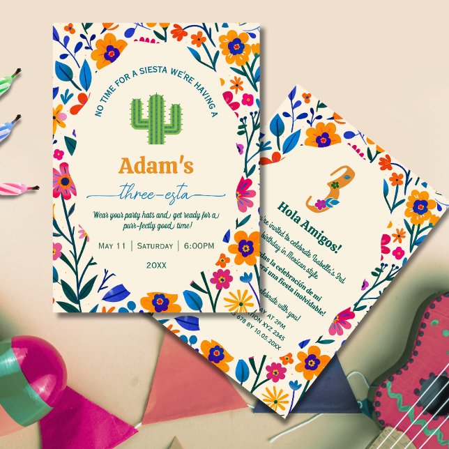 Invitación Third Birthday Mexican floral cactus - Three-esta  (Subido por el creador)