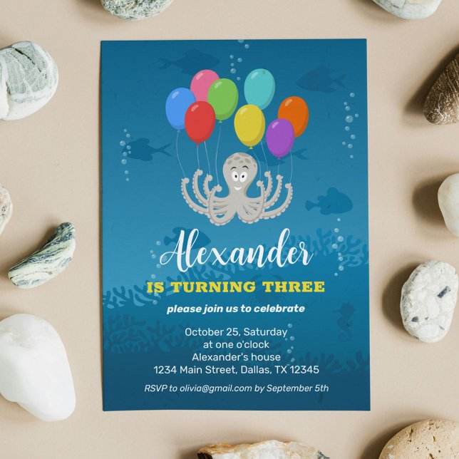 Invitación Third Birthday Party Octopus Balloons Invitation (Subido por el creador)