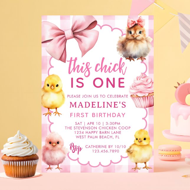 Invitación This Chick Is One Pink Chicken 1st Birthday Party (Subido por el creador)