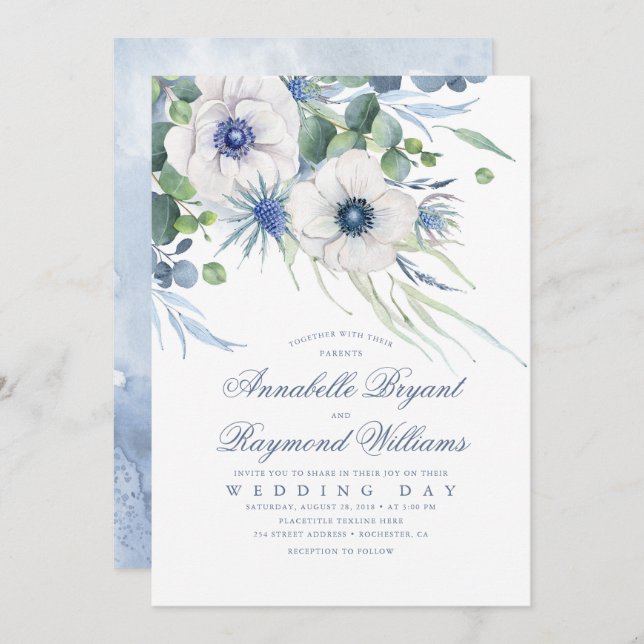 Invitación Thistle Anemone Greenery Dusty Blue Boda (Anverso / Reverso)