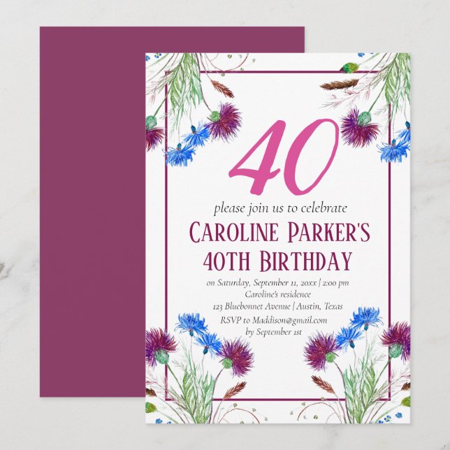 Invitación Thistle Scottish 40th Birthday Purple Floral (Anverso / Reverso)