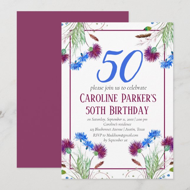 Invitación Thistle Scottish 50th Birthday Purple Floral (Anverso / Reverso)