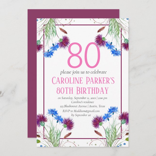 Invitación Thistle Scottish 80th Birthday Purple Floral (Anverso / Reverso)
