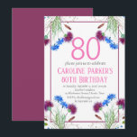 Invitación Thistle Scottish 80th Birthday Purple Floral<br><div class="desc">Flores elegantes,  ochenta escocesas,  moradas y azules,  rústicas,  florales,  adultas,  primaverales,  botánicas,  acuarelas 80ª invitaciones a fiestas de cumpleaños. Pintó el silbido de acuarela a mano solo. Personalízalo con tus detalles.</div>