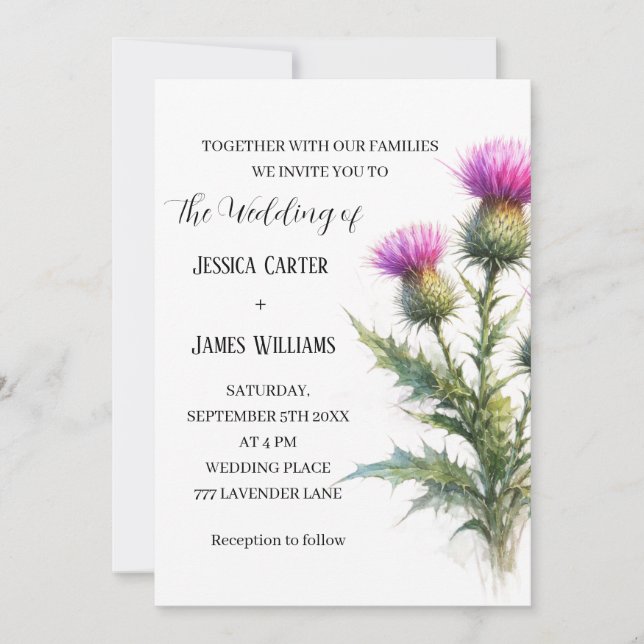 Invitación Thistle Scottish Watercolor Rustic Wedding (Anverso)