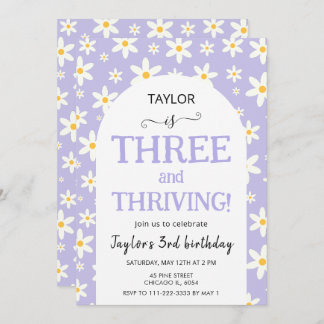 Invitación THREE and Thriving Purple Daisy 3rd Birthday