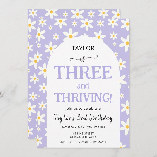 Invitación THREE and Thriving Purple Daisy 3rd Birthday (Anverso / Reverso)