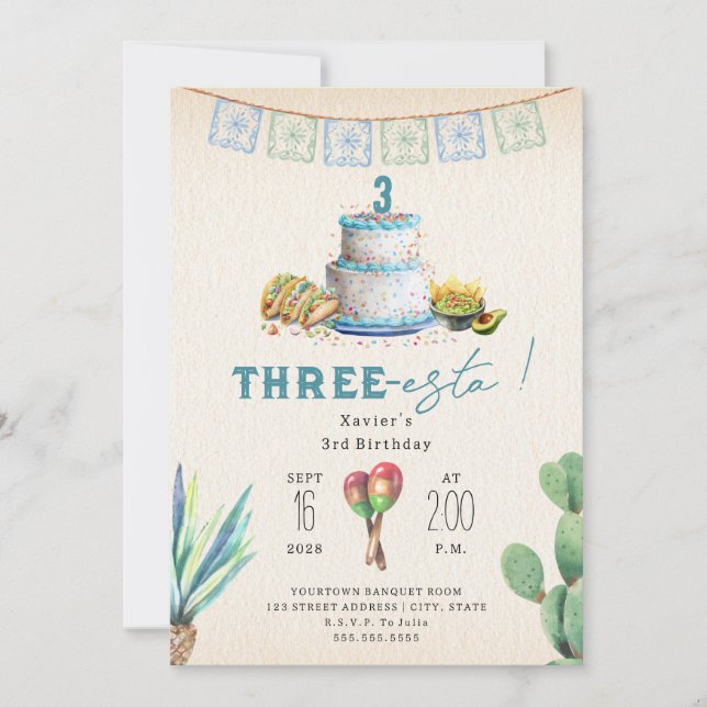 Invitación Three Esta Boys Blue Third Birthday Fiesta (Anverso)