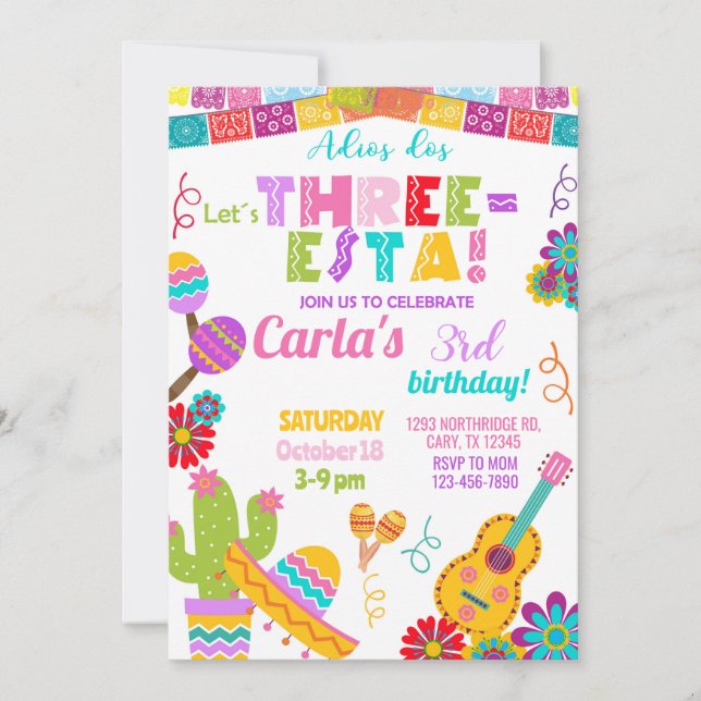 Invitación Three-esta Fiesta girl 3rd birthday invitation. (Anverso)