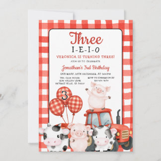 Invitación Three-I-E-I-O Birthday Red farm animal Barnyard