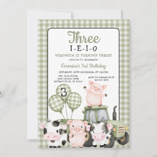 Invitación Three-I-E-I-O Birthday Sage Green farm animal