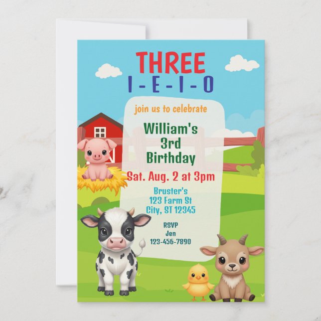 Invitación Three I-E-I-O, Cute Farm Animal 3rd Birthday (Anverso)