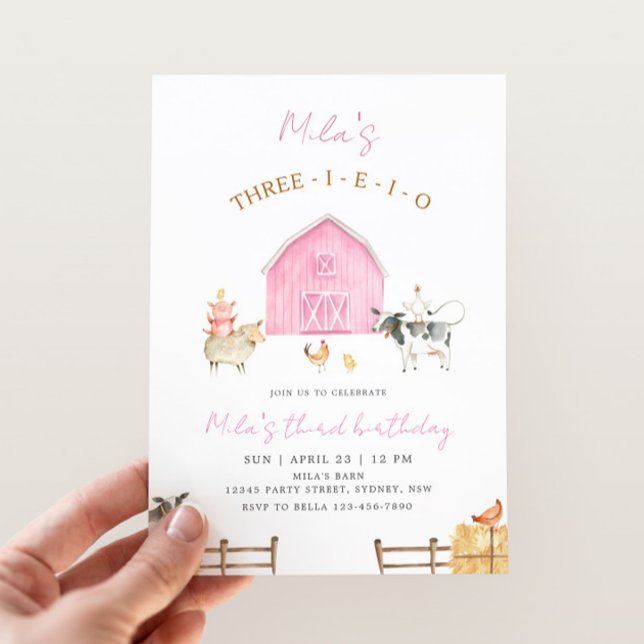 Invitación Three-I-E-I-O Pink Barn Farm 3rd Birthday Party (Subido por el creador)