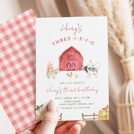 Invitación Three-I-E-I-O Red Barn Farm 3rd Birthday Party