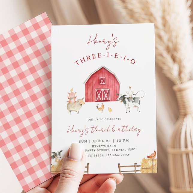 Invitación Three-I-E-I-O Red Barn Farm 3rd Birthday Party (Subido por el creador)
