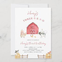 Invitación Three-I-E-I-O Red Barn Farm 3rd Birthday Party