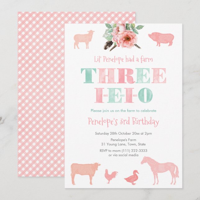 Invitación THREE-IEIO, Cumpleaños 3 de la chica de Old MacDon (Anverso / Reverso)